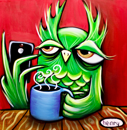 Owl with Coffee and Phone - Poster