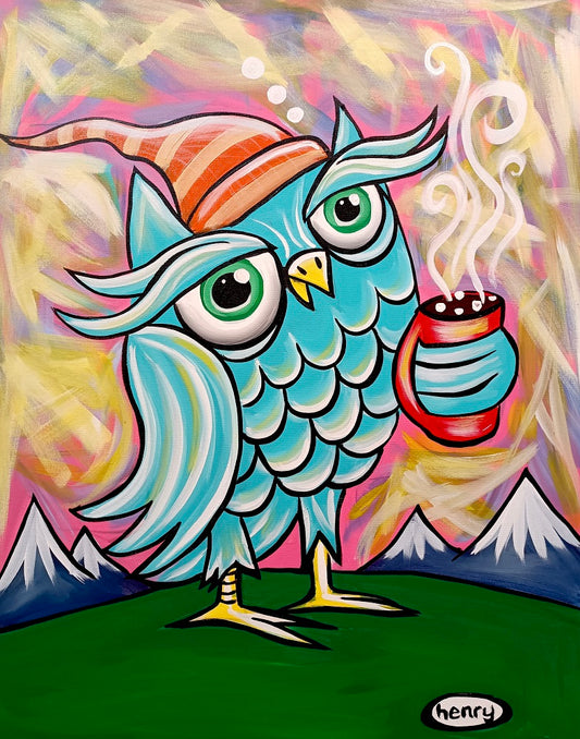Owl in Hat with Coffee Canvas Giclee Print Featuring Original Art by Seattle Mural Artist Ryan Henry Ward
