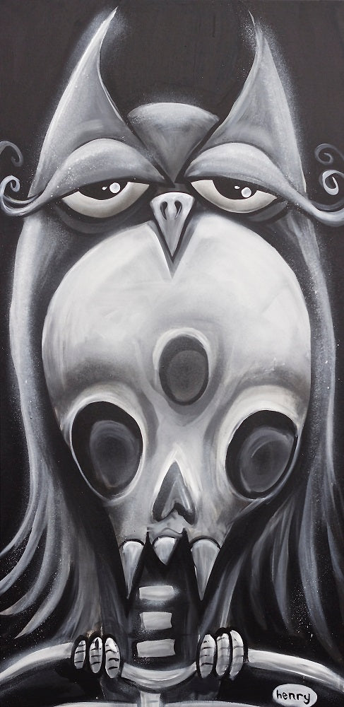 Owl on Skull Canvas Giclee Print Featuring Original Art by Seattle Mural Artist Ryan Henry Ward