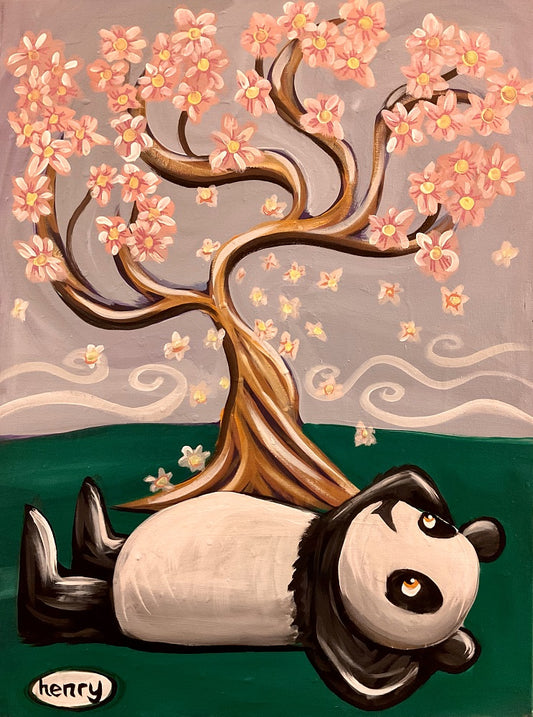Panda Under the Cherry Blossoms - Framed Canvas Print