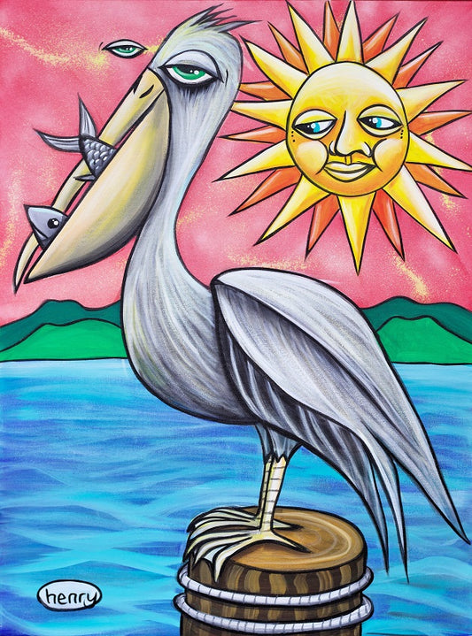 Pelican with Fish - Framed Canvas Print