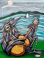 Artistic depiction of a raven playing a guitar with a mountain and wave background, signed 'henry'.