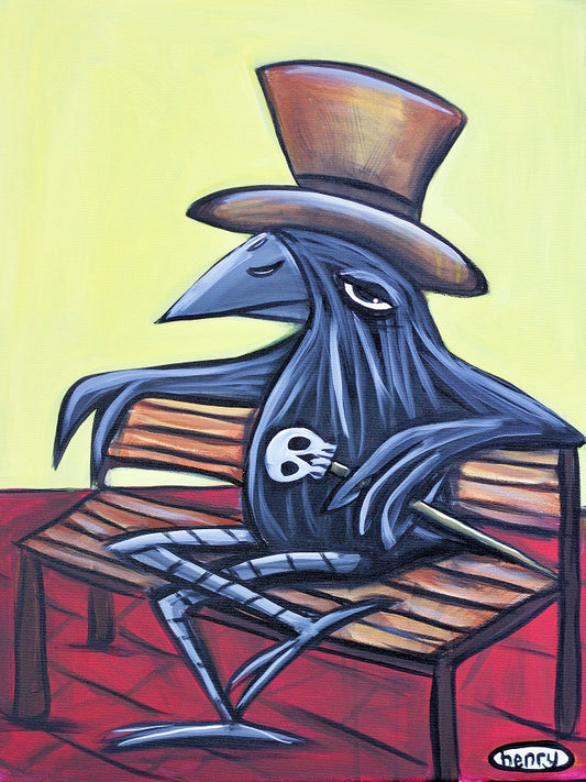 Raven on a Bench - Framed Canvas Print