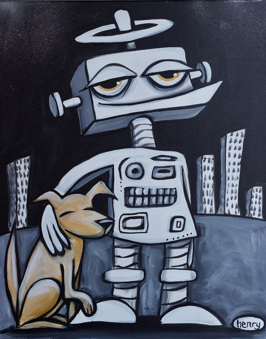 Robot with Dog - Framed Canvas Print