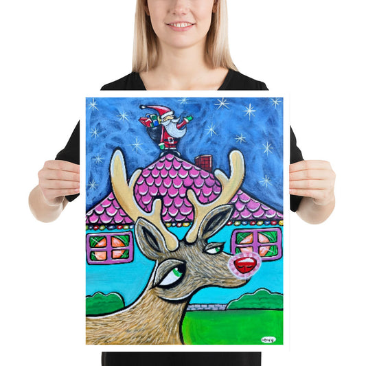 Rudolf and Santa Giclee Art Print Poster from Seattle Artist Henry