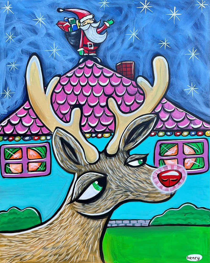 Rudolf and Santa Canvas Giclee Print Featuring Original Art by Seattle Mural Artist Ryan Henry Ward