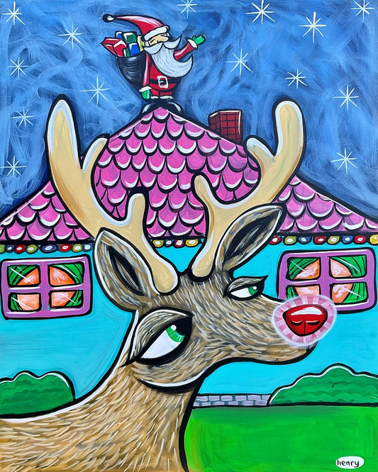 Rudolf and Santa Canvas Giclee Print Featuring Original Art by Seattle Mural Artist Ryan Henry Ward