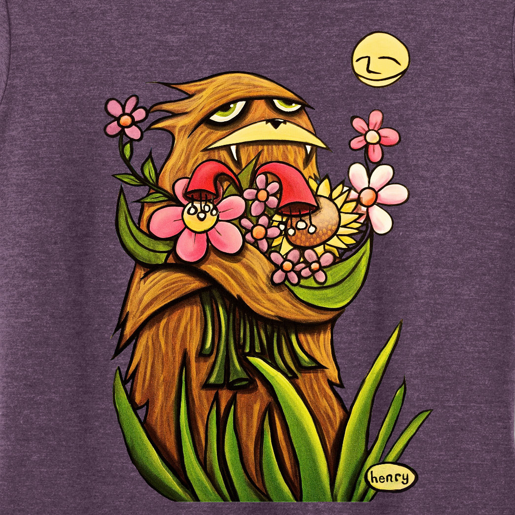 Sasquatch Hugging Flowers | Feminine Cut T-Shirt | Wearable Art by "Henry"