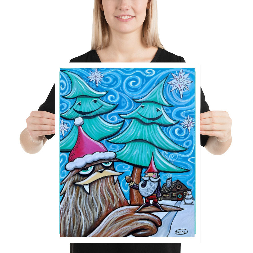 Sasquatch and Gnome Christmas Giclee Art Print Poster from Seattle Artist Henry