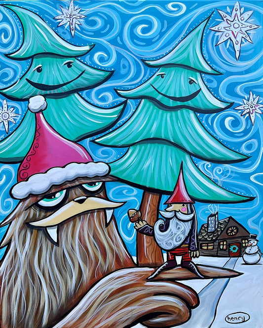 Sasquatch and Gnome Christmas Canvas Giclee Print Featuring Original Art by Seattle Mural Artist Ryan Henry Ward