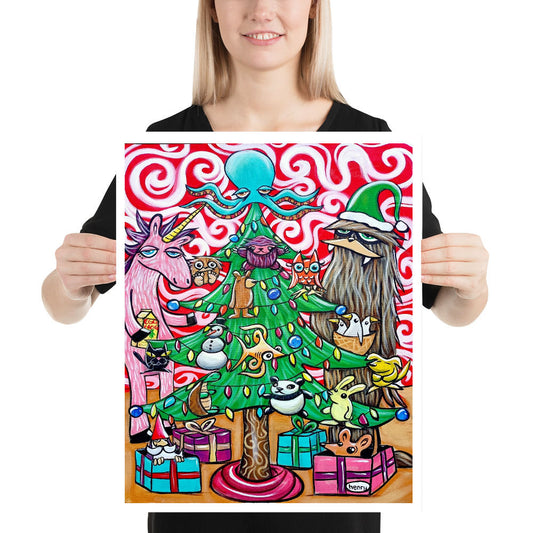 Sasquatch and Unicorn Christmas Tree Giclee Art Print Poster from Seattle Artist Henry