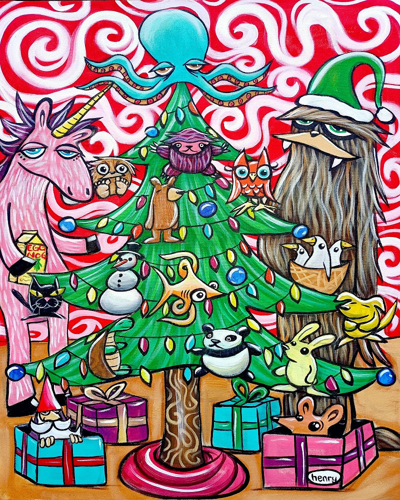 Sasquatch and Unicorn Christmas Tree Canvas Giclee Print Featuring Original Art by Seattle Mural Artist Ryan Henry Ward