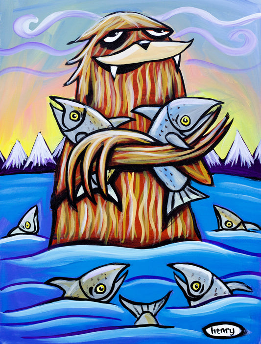 Sasquatch Hugging Salmon - Framed Canvas Print