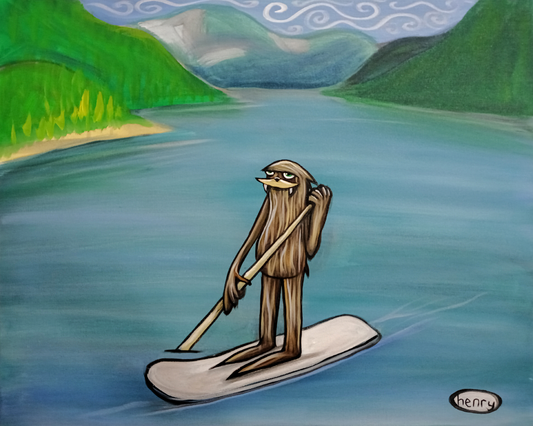 Sasquatch Paddleboarding - Framed Canvas Print