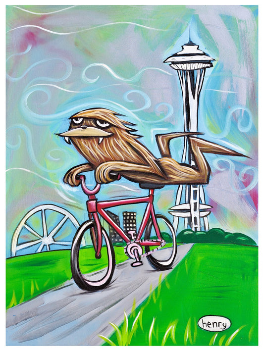 Sasquatch Riding a Bike in Seattle - Canvas Print