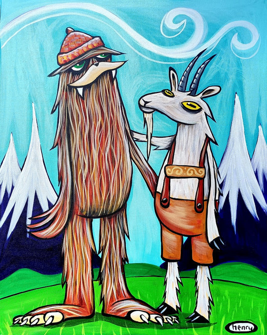 Sasquatch and Goat in Lederhosen - Framed Canvas Print