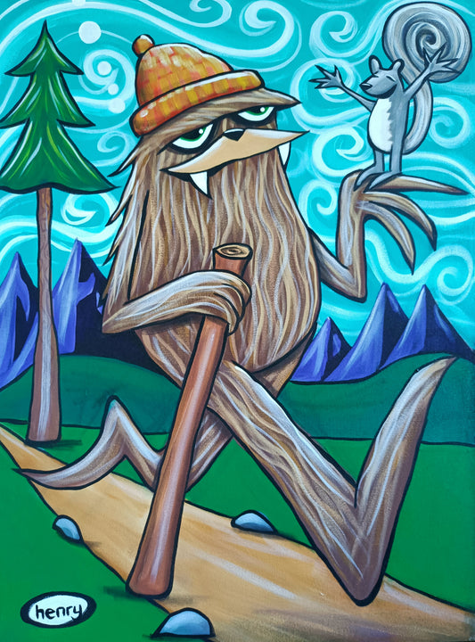 Sasquatch and Squirrel Hiking - Framed Canvas Print