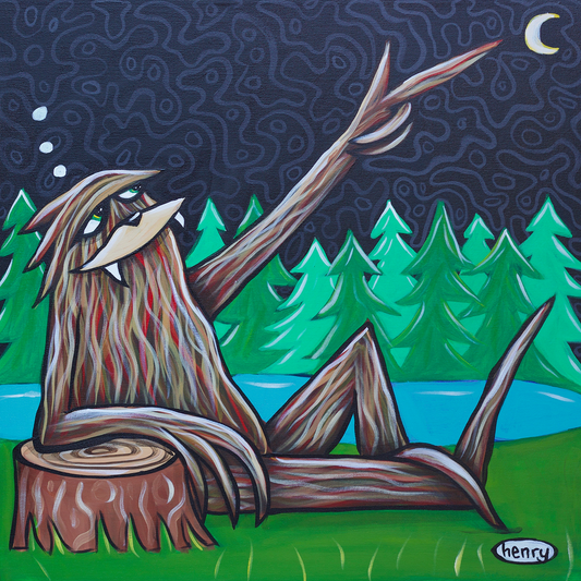 Sasquatch Pointing at the Moon - Framed Canvas Print