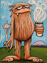 Sasquatch with Coffee in Seattle - Mounted Framed Poster
