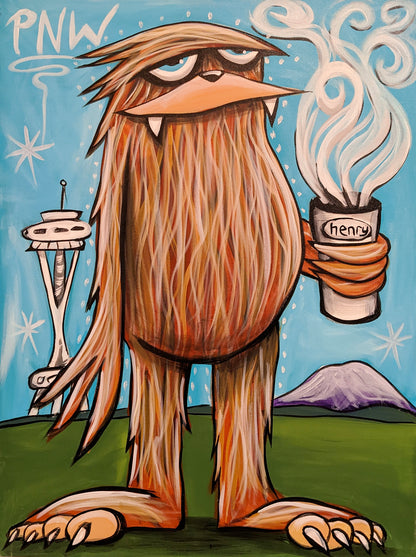 Sasquatch with Coffee in Seattle - Framed Canvas Print