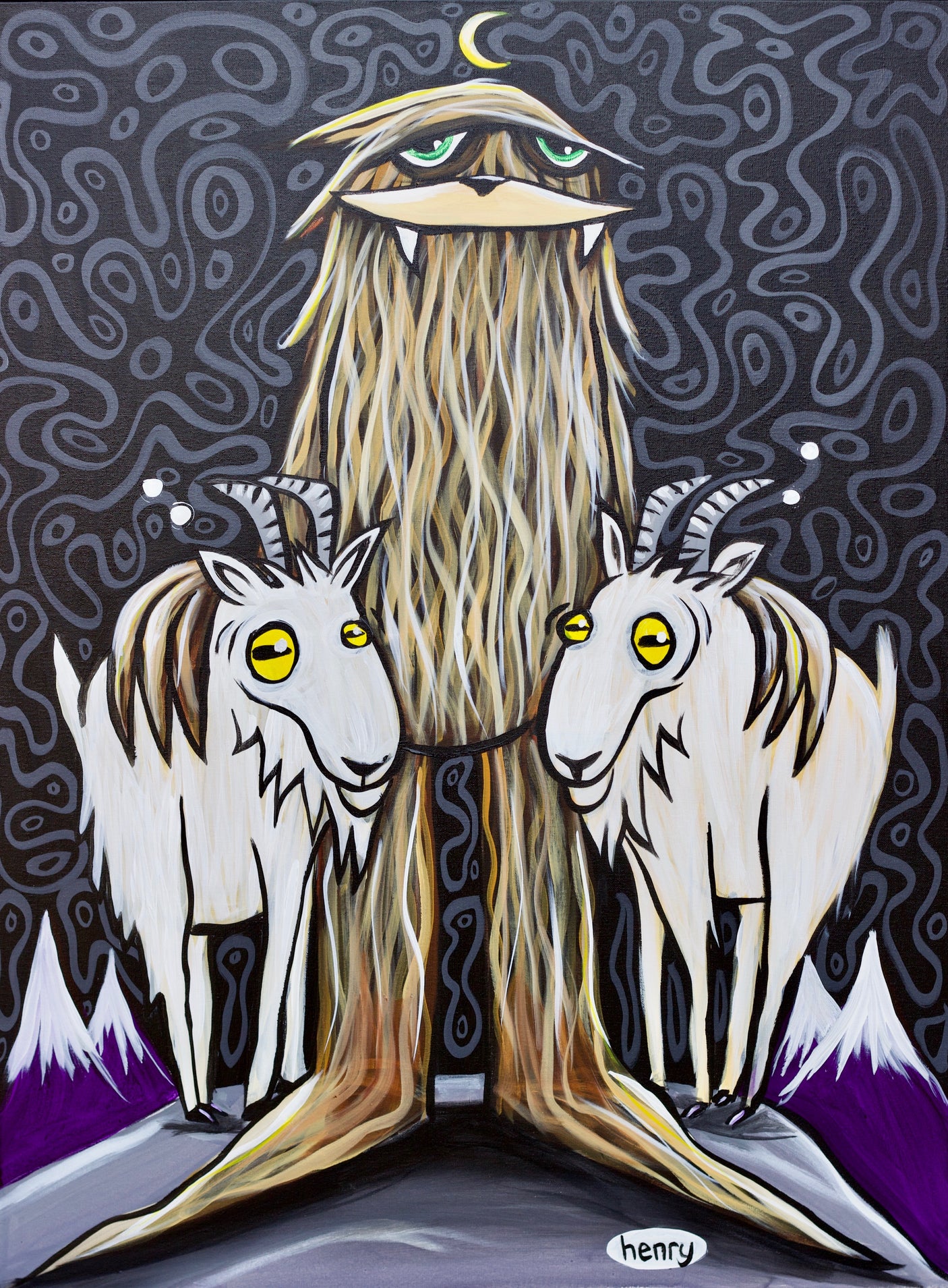 Sasquatch with Two Goats - Framed Canvas Print