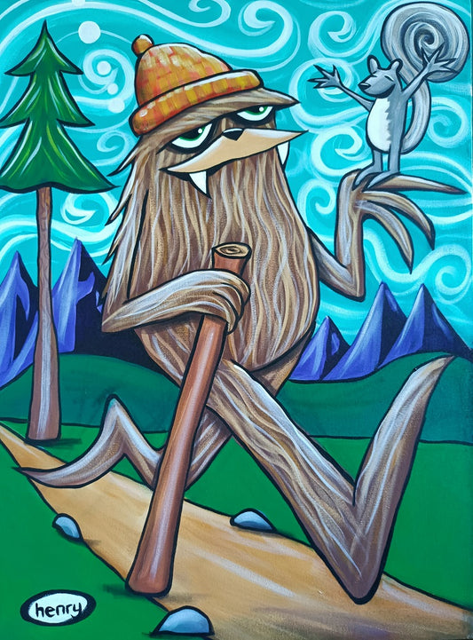 Sasquatch and Squirrel Hiking Canvas Giclee Print Featuring Original Art by Seattle Mural Artist Ryan Henry Ward