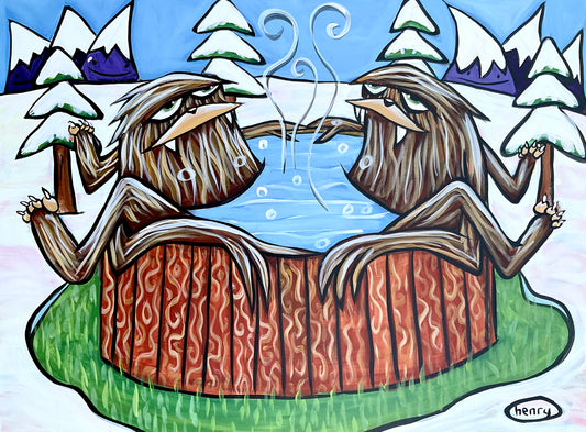 Sasquatches in Hot Tub - Framed Canvas Print