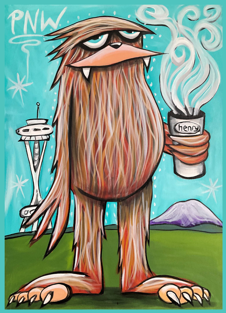 Sasquatch With Coffee in Seattle Magnet | Original Art by Seattle Mural Artist Ryan "Henry" Ward