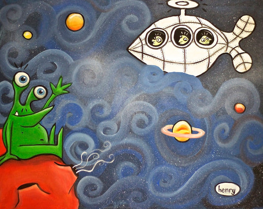 Spaceship and Alien Canvas Giclee Print Featuring Original Art by Seattle Mural Artist Ryan Henry Ward