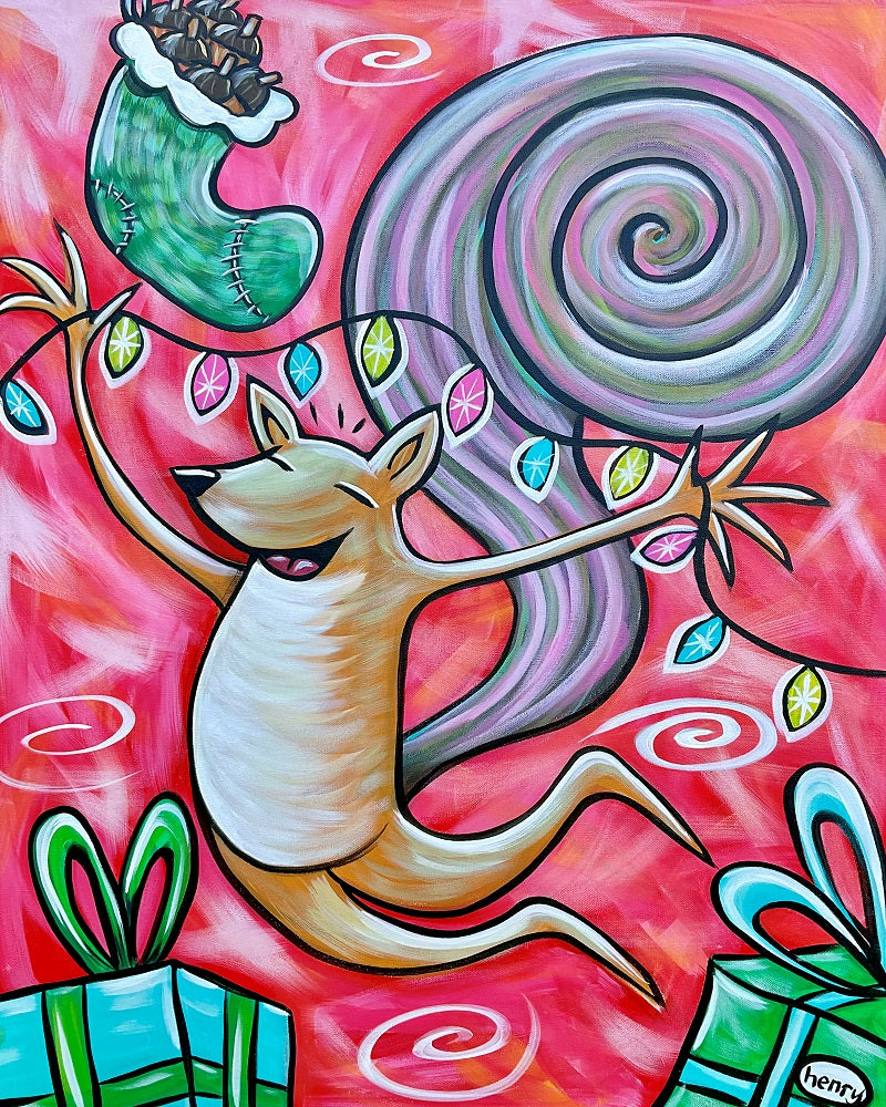 Squirrel Christmas Canvas Giclee Print Featuring Original Art by Seattle Mural Artist Ryan Henry Ward