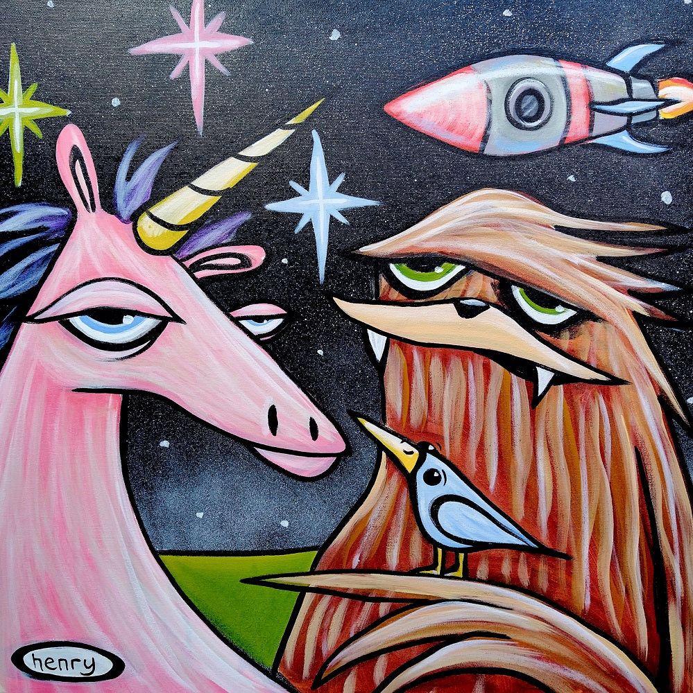 Unicorn, Sasquatch and Rocket - Framed Canvas Print