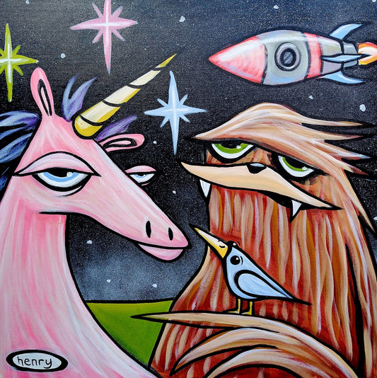 Unicorn, Sasquatch and Rocket - Framed Canvas Print