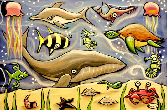 Whale and Ocean Critters - Framed Canvas Print