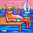 A whimsical painting depicting a cat lounging on a wooden dock, holding a cup of coffee, with a sailboat in the background.