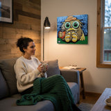A woman sits on a couch in a cozy living room, holding a mug and looking at a colorful painting of an owl.