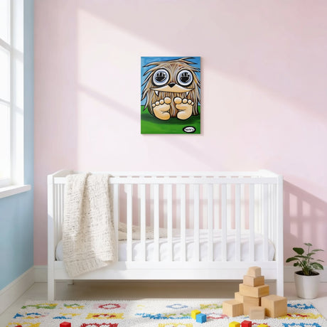 a nursery room with a white crib, a colorful rug, and a painting of a cartoon owl hanging on the wall above the crib.