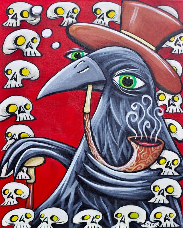 The image is a vibrant and whimsical painting featuring a large, cartoonish crow with a pipe in its mouth, surrounded by a multitude of white skulls with yellow eyes.