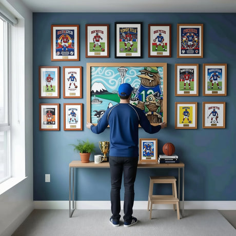 A man is standing in a room, looking at a large painting on the wall. The painting features a colorful scene with various elements, including a mountain, a bird, and a boat. The man appears to be examining the artwork, possibly deciding on the best way to hang it on the wall.