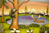 A painting depicting a bear climbing a tree, a moose with antlers, and a squirrel in a forest setting with mountains in the background.