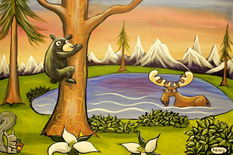 A painting depicting a bear climbing a tree, a moose with antlers, and a squirrel in a forest setting with mountains in the background.