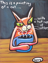 Painting of a Cat with Coffee - Mounted Framed Poster