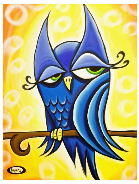 Winky Owl Giclee Print Art Poster for wall decor features Original Painting by Seattle Mural Artist Henry