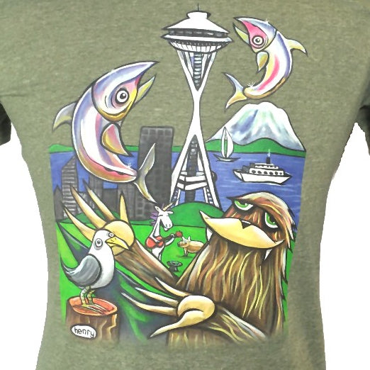 Space Needle Seattle Unisex T-Shirt | Wearable Art by Seattle Mural Artist Ryan "Henry" Ward
