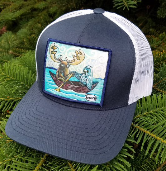 Moose and Owl in Canoe Trucker Hat - Art of Henry