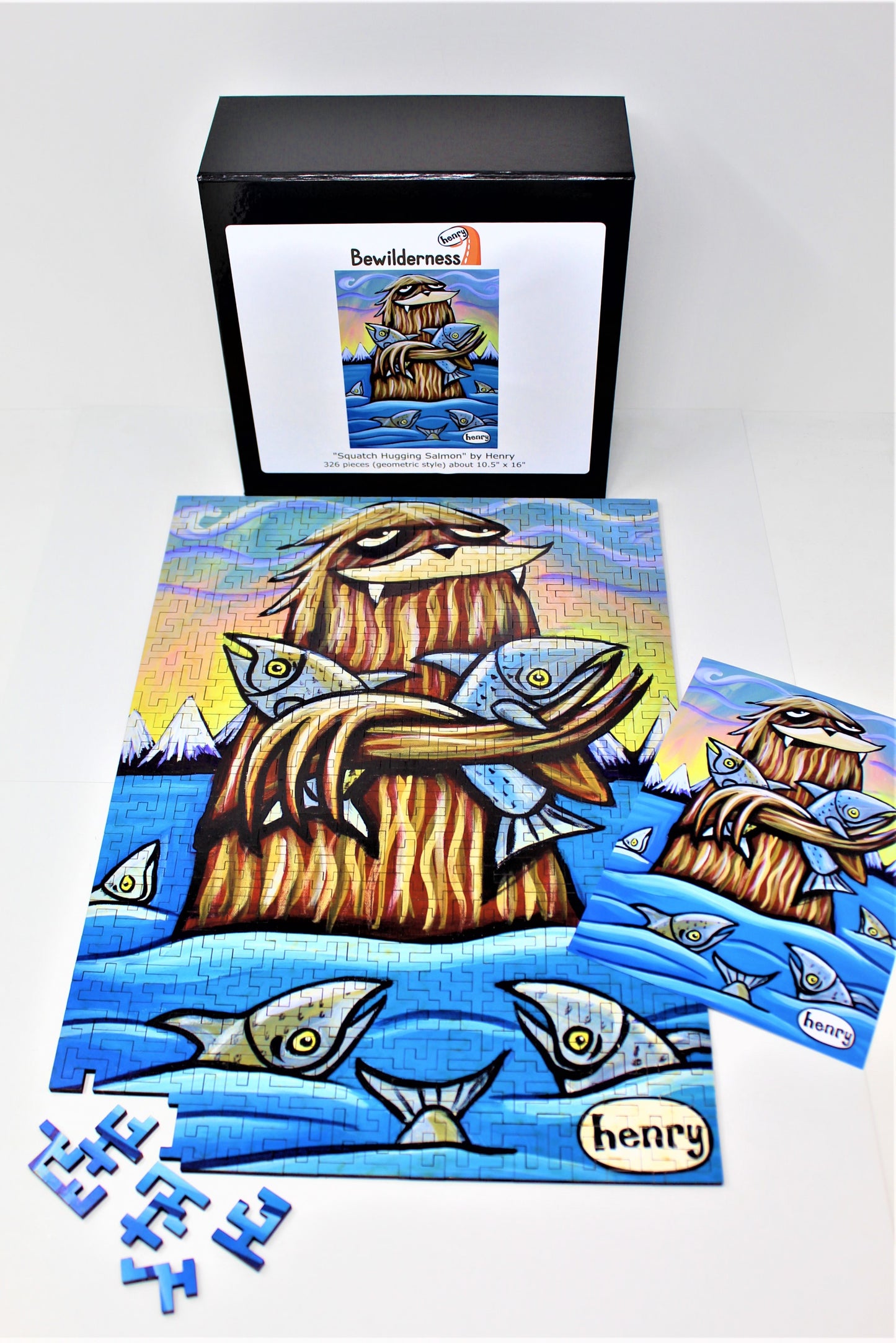 Sasquatch Hugging Salmon 326 Piece Geometric Puzzle Featuring the Art of Henry