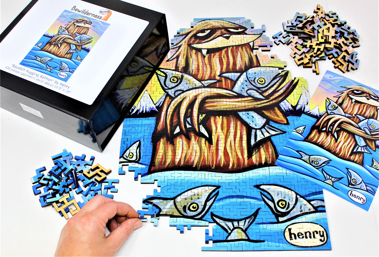 Sasquatch Hugging Salmon 326 Piece Geometric Puzzle Featuring the Art of Henry