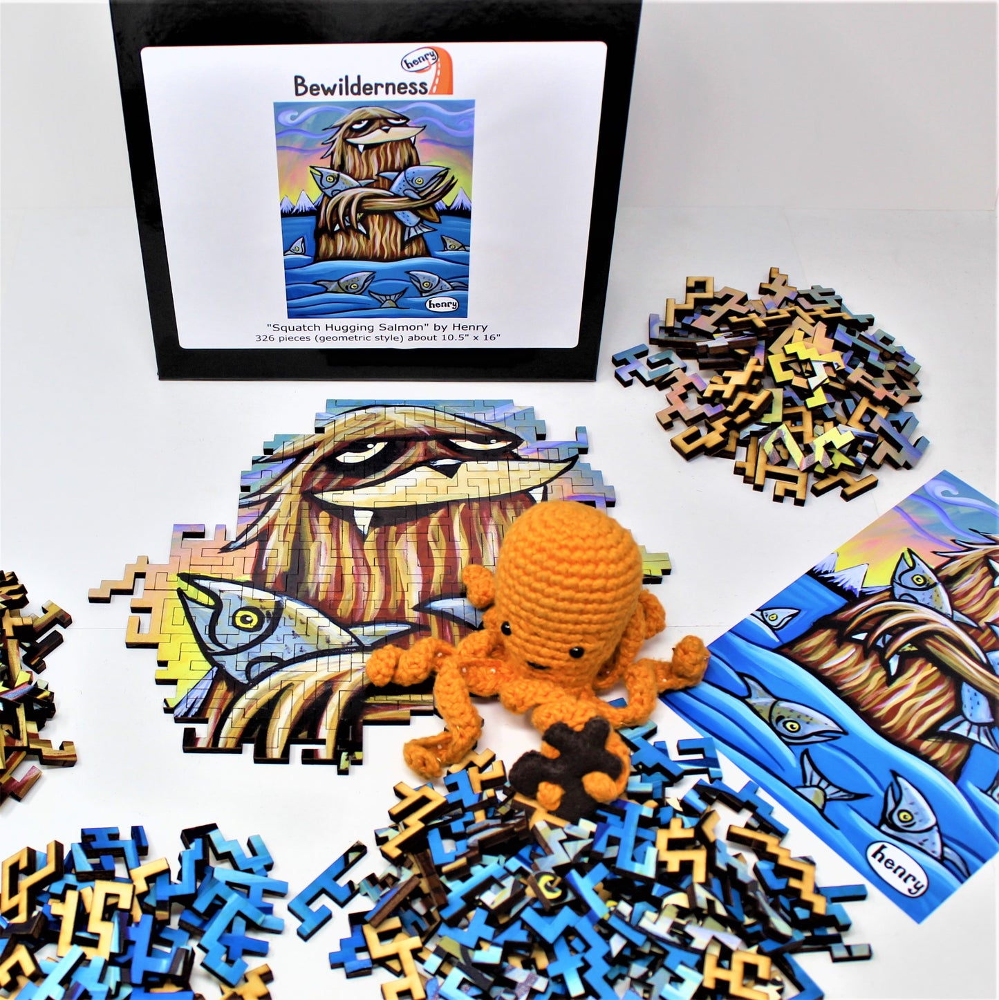 Sasquatch Hugging Salmon 326 Piece Geometric Puzzle Featuring the Art of Henry