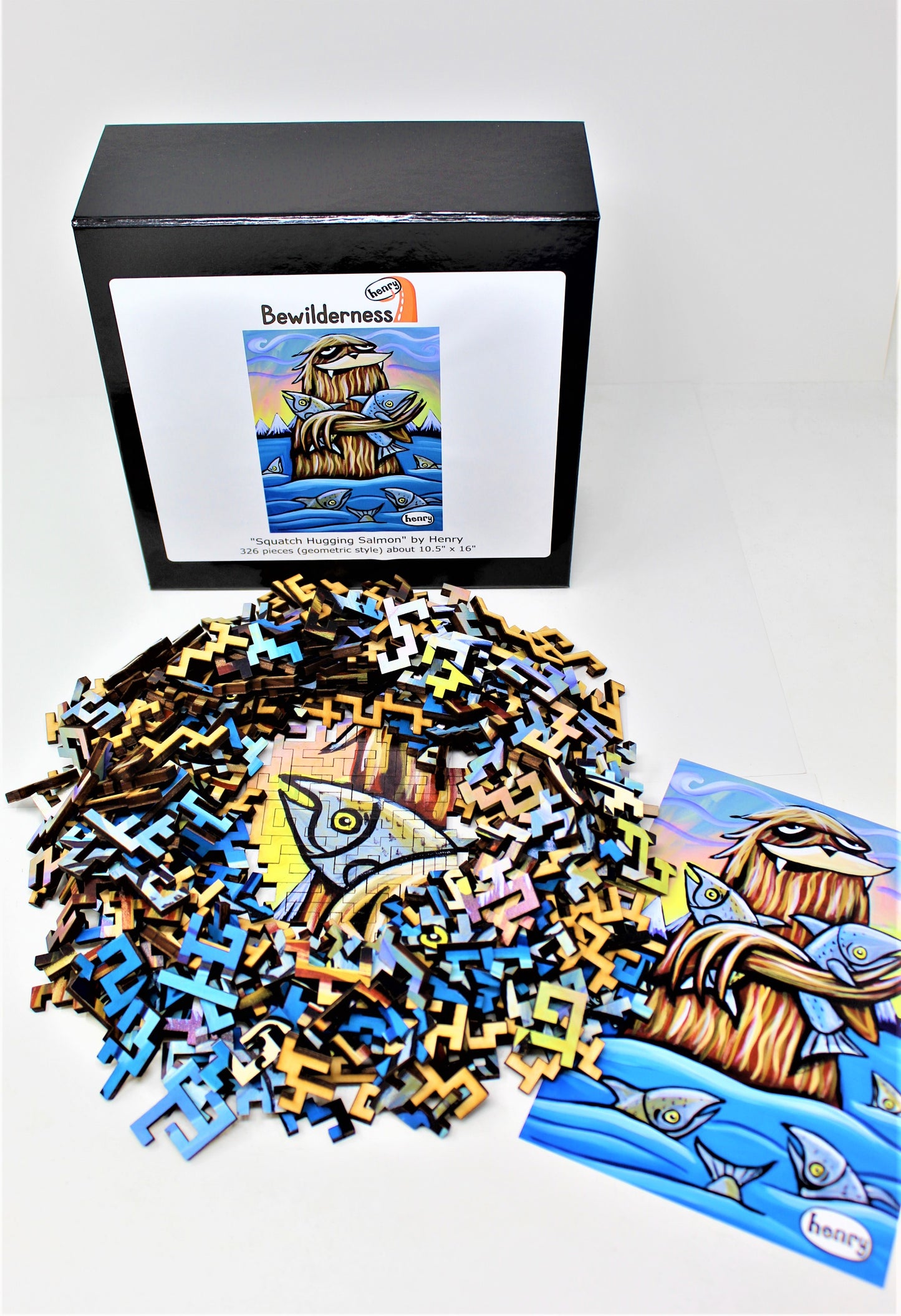 Sasquatch Hugging Salmon 326 Piece Geometric Puzzle Featuring the Art of Henry