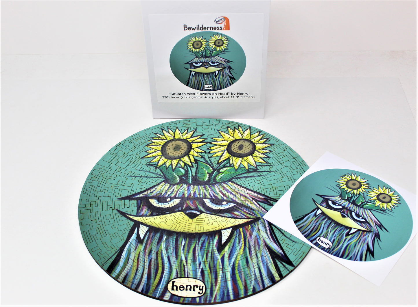 Sasquatch with Flowers in Head 330 Piece Round Geometric Puzzle Featuring the Art of Henry