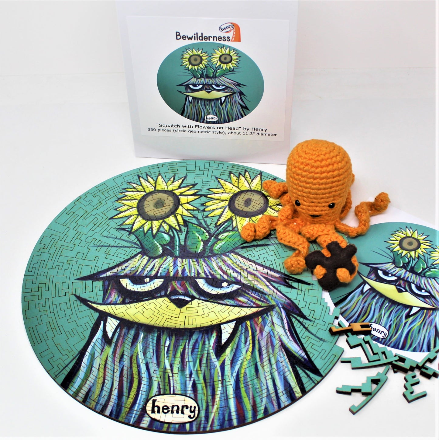 Sasquatch with Flowers in Head 330 Piece Round Geometric Puzzle Featuring the Art of Henry